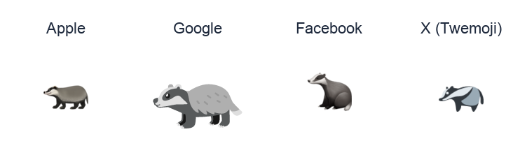 Badger emoji artwork compared side by side for Apple, Google Noto, Facebook, and X Twemoji styles on white.