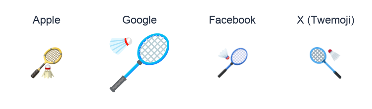 Badminton Racquet And Shuttlecock emoji artwork compared side by side for Apple, Google Noto, Facebook, and X Twemoji styles on white.