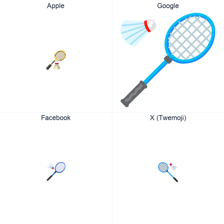 Badminton Racquet And Shuttlecock emoji in a square grid: Apple and Google on the top row, Facebook and X Twemoji on the bottom, on white.