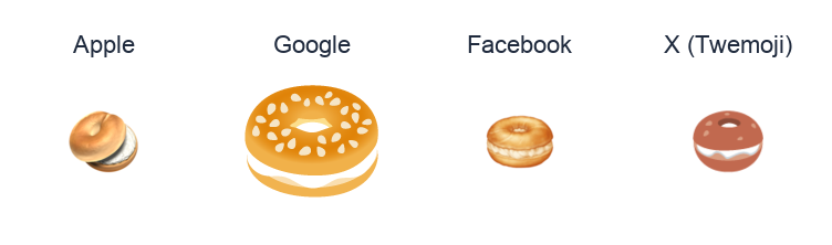 Bagel emoji artwork compared side by side for Apple, Google Noto, Facebook, and X Twemoji styles on white.