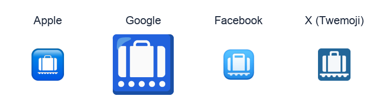 Baggage Claim emoji artwork compared side by side for Apple, Google Noto, Facebook, and X Twemoji styles on white.
