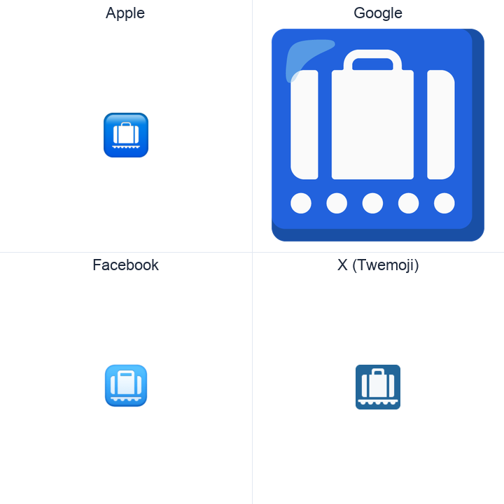 Baggage Claim emoji in a square grid: Apple and Google on the top row, Facebook and X Twemoji on the bottom, on white.