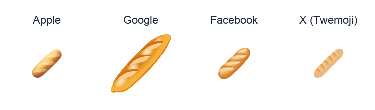Baguette Bread emoji artwork compared side by side for Apple, Google Noto, Facebook, and X Twemoji styles on white.