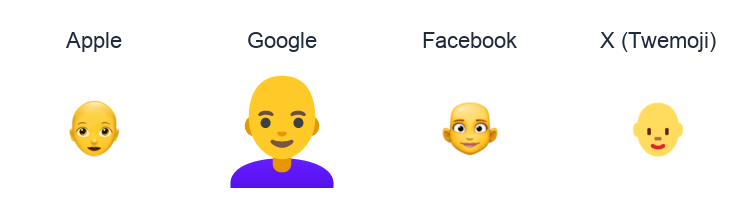 Woman: Bald emoji artwork compared side by side for Apple, Google Noto, Facebook, and X Twemoji styles on white.