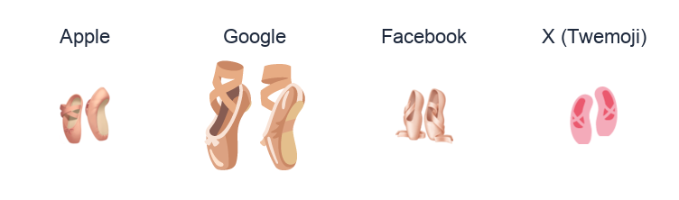 Ballet Shoes emoji artwork compared side by side for Apple, Google Noto, Facebook, and X Twemoji styles on white.