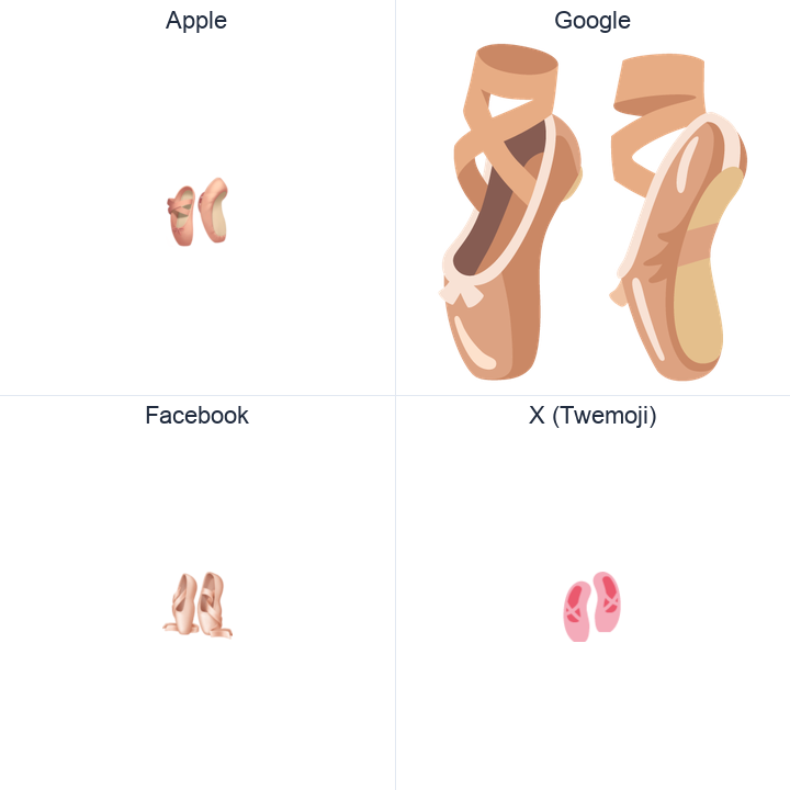 Ballet Shoes emoji in a square grid: Apple and Google on the top row, Facebook and X Twemoji on the bottom, on white.