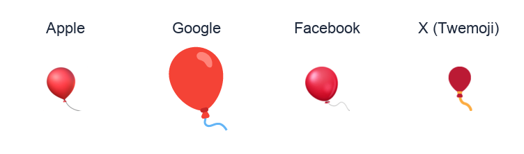 Balloon emoji artwork compared side by side for Apple, Google Noto, Facebook, and X Twemoji styles on white.