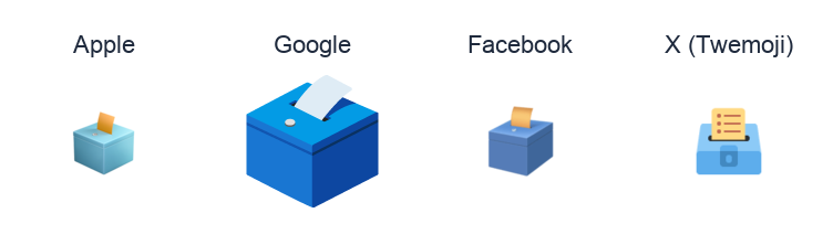 Ballot Box With Ballot emoji artwork compared side by side for Apple, Google Noto, Facebook, and X Twemoji styles on white.