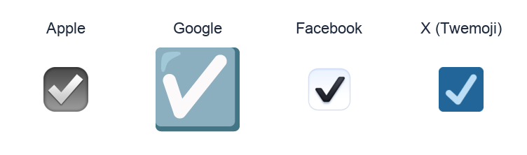 Ballot Box With Check emoji artwork compared side by side for Apple, Google Noto, Facebook, and X Twemoji styles on white.