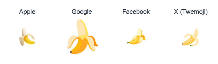Banana emoji artwork compared side by side for Apple, Google Noto, Facebook, and X Twemoji styles on white.