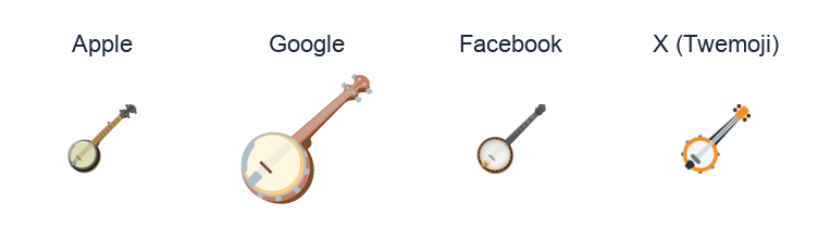Banjo emoji artwork compared side by side for Apple, Google Noto, Facebook, and X Twemoji styles on white.