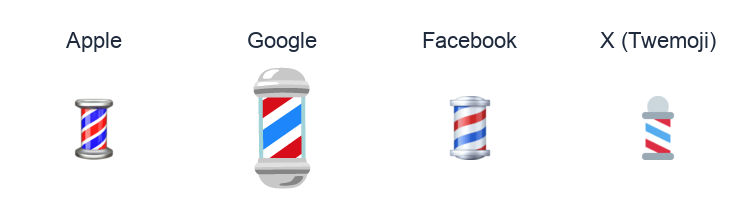 Barber Pole emoji artwork compared side by side for Apple, Google Noto, Facebook, and X Twemoji styles on white.