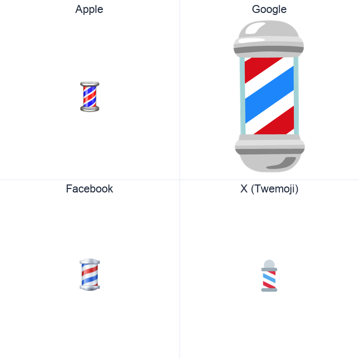 Barber Pole emoji in a square grid: Apple and Google on the top row, Facebook and X Twemoji on the bottom, on white.