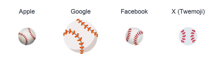 Baseball emoji artwork compared side by side for Apple, Google Noto, Facebook, and X Twemoji styles on white.