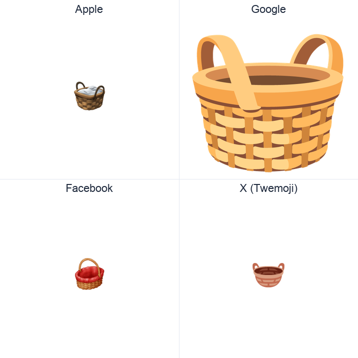 Basket emoji in a square grid: Apple and Google on the top row, Facebook and X Twemoji on the bottom, on white.