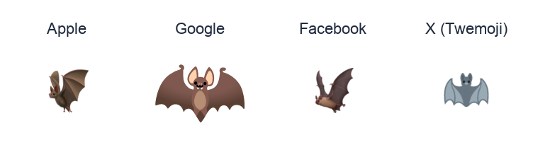 Bat emoji artwork compared side by side for Apple, Google Noto, Facebook, and X Twemoji styles on white.