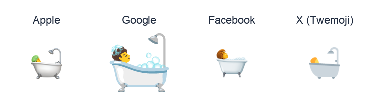Bath emoji artwork compared side by side for Apple, Google Noto, Facebook, and X Twemoji styles on white.