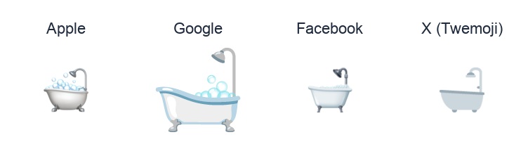 Bathtub emoji artwork compared side by side for Apple, Google Noto, Facebook, and X Twemoji styles on white.