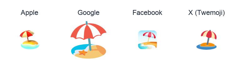 Beach With Umbrella emoji artwork compared side by side for Apple, Google Noto, Facebook, and X Twemoji styles on white.