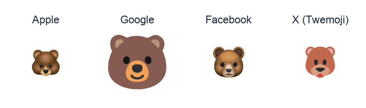 Bear Face emoji artwork compared side by side for Apple, Google Noto, Facebook, and X Twemoji styles on white.