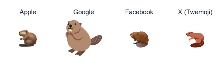Beaver emoji artwork compared side by side for Apple, Google Noto, Facebook, and X Twemoji styles on white.
