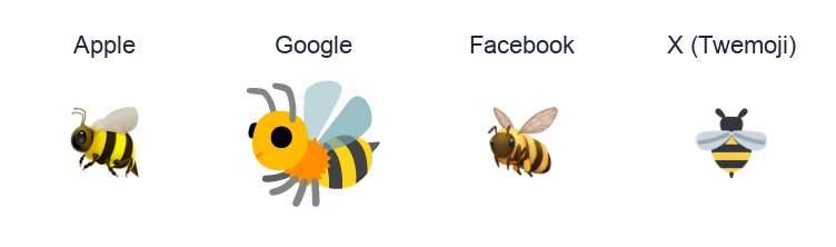 Honeybee emoji artwork compared side by side for Apple, Google Noto, Facebook, and X Twemoji styles on white.