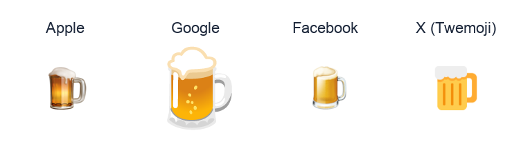 Beer Mug emoji artwork compared side by side for Apple, Google Noto, Facebook, and X Twemoji styles on white.