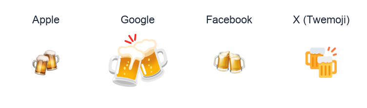 Clinking Beer Mugs emoji artwork compared side by side for Apple, Google Noto, Facebook, and X Twemoji styles on white.