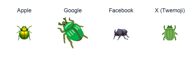 Beetle emoji artwork compared side by side for Apple, Google Noto, Facebook, and X Twemoji styles on white.