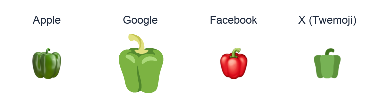 Bell Pepper emoji artwork compared side by side for Apple, Google Noto, Facebook, and X Twemoji styles on white.