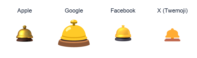 Bellhop Bell emoji artwork compared side by side for Apple, Google Noto, Facebook, and X Twemoji styles on white.
