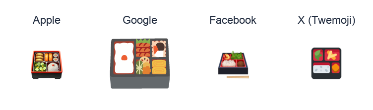 Bento Box emoji artwork compared side by side for Apple, Google Noto, Facebook, and X Twemoji styles on white.