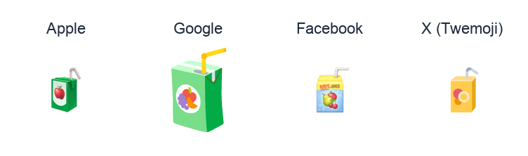 Beverage Box emoji artwork compared side by side for Apple, Google Noto, Facebook, and X Twemoji styles on white.