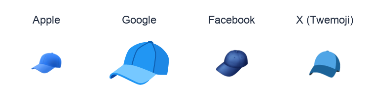 Billed Cap emoji artwork compared side by side for Apple, Google Noto, Facebook, and X Twemoji styles on white.
