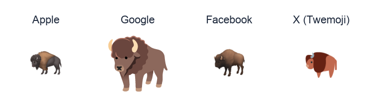 Bison emoji artwork compared side by side for Apple, Google Noto, Facebook, and X Twemoji styles on white.