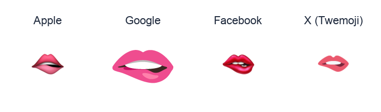 Biting Lip emoji artwork compared side by side for Apple, Google Noto, Facebook, and X Twemoji styles on white.