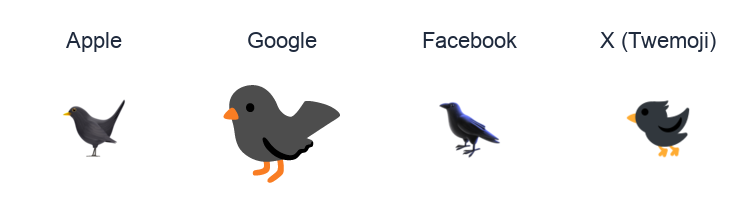 Black Bird emoji artwork compared side by side for Apple, Google Noto, Facebook, and X Twemoji styles on white.