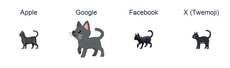 Black Cat emoji artwork compared side by side for Apple, Google Noto, Facebook, and X Twemoji styles on white.