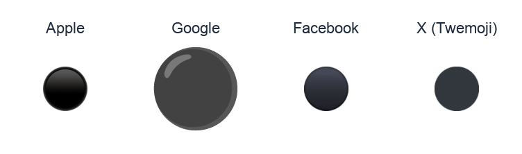 Medium Black Circle emoji artwork compared side by side for Apple, Google Noto, Facebook, and X Twemoji styles on white.