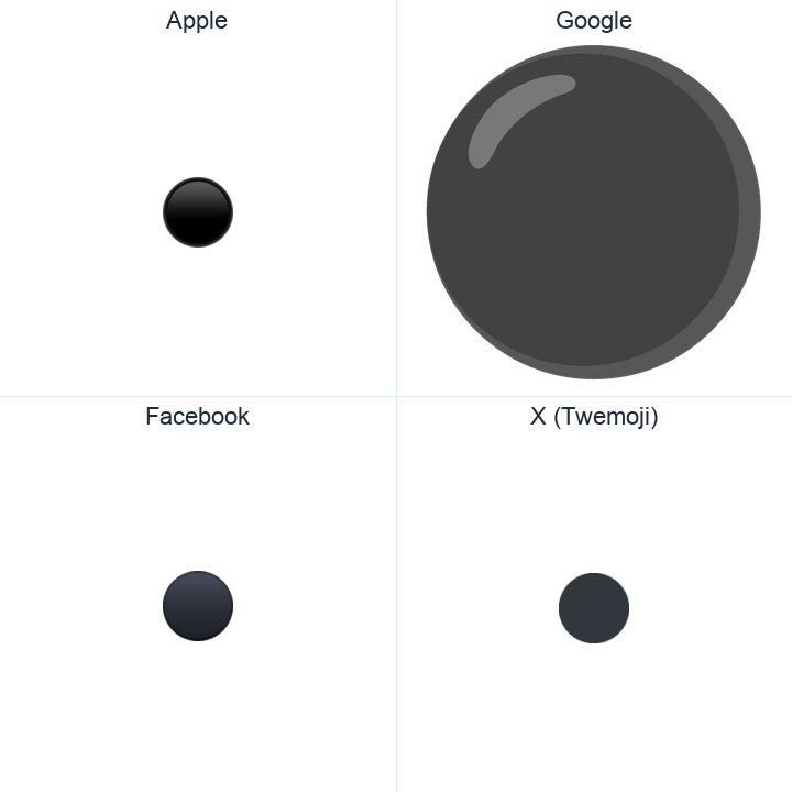 Medium Black Circle emoji in a square grid: Apple and Google on the top row, Facebook and X Twemoji on the bottom, on white.