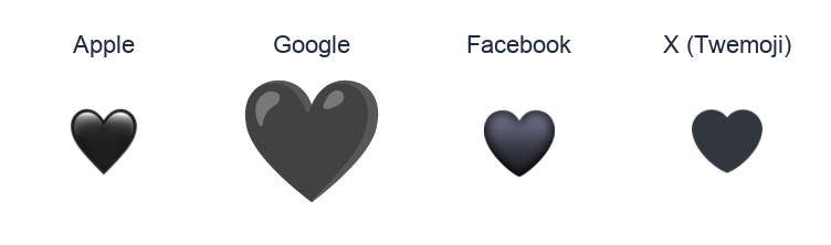 Black Heart emoji artwork compared side by side for Apple, Google Noto, Facebook, and X Twemoji styles on white.