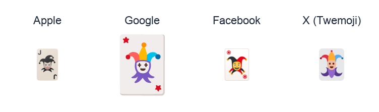 Playing Card Black Joker emoji artwork compared side by side for Apple, Google Noto, Facebook, and X Twemoji styles on white.