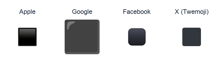 Black Large Square emoji artwork compared side by side for Apple, Google Noto, Facebook, and X Twemoji styles on white.