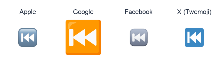 Last Track Button emoji artwork compared side by side for Apple, Google Noto, Facebook, and X Twemoji styles on white.