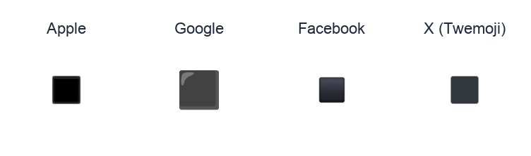 Black Medium Small Square emoji artwork compared side by side for Apple, Google Noto, Facebook, and X Twemoji styles on white.