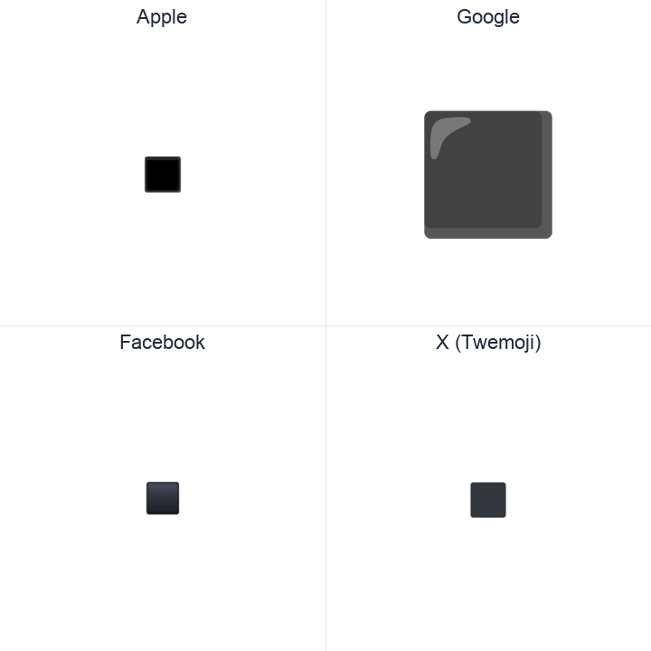 Black Medium Small Square emoji in a square grid: Apple and Google on the top row, Facebook and X Twemoji on the bottom, on white.