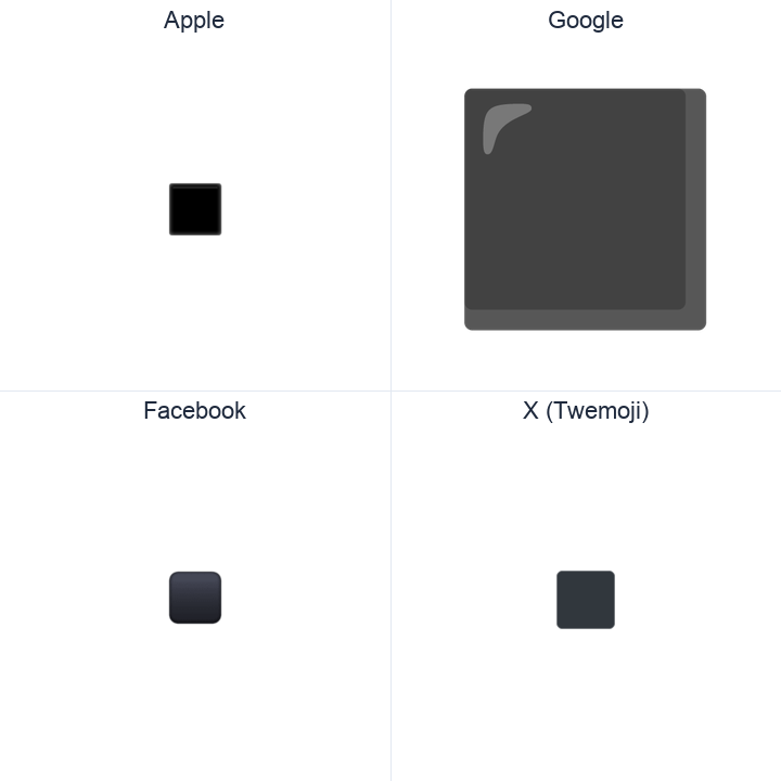 Black Medium Square emoji in a square grid: Apple and Google on the top row, Facebook and X Twemoji on the bottom, on white.