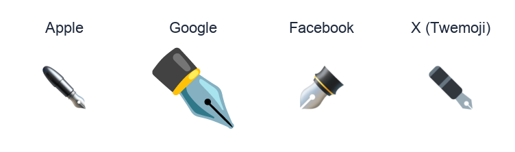 Black Nib emoji artwork compared side by side for Apple, Google Noto, Facebook, and X Twemoji styles on white.