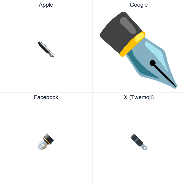 Black Nib emoji in a square grid: Apple and Google on the top row, Facebook and X Twemoji on the bottom, on white.
