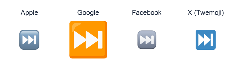 Next Track Button emoji artwork compared side by side for Apple, Google Noto, Facebook, and X Twemoji styles on white.